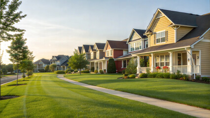 Fototapeta premium Picturesque row of suburban houses with lush green lawns