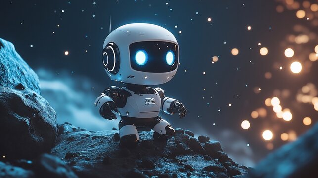 Cute robot exploring a dark, starry alien landscape.