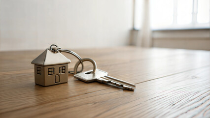 House keychain with keys resting on wooden surface indoors