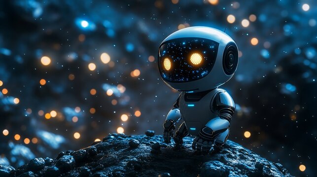 Cute robot on alien planet, glowing eyes.