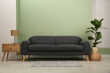 Stylish sofa, side table and houseplant near green wall indoors