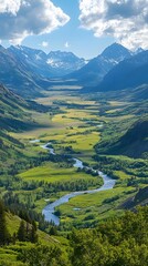 Fototapeta premium Breathtaking mountain valley landscape with a winding river under a bright blue sky.
