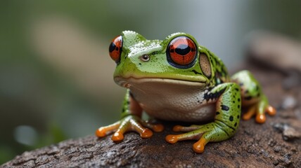 Naklejka premium Close-up of a vibrant green frog with striking red eyes perched on a log.