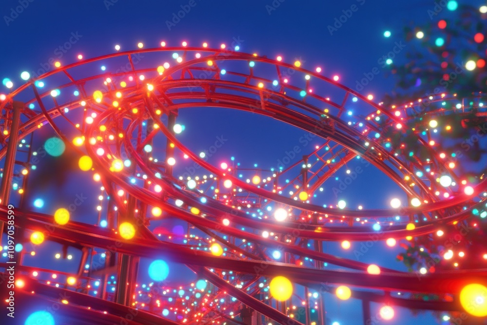 Aufkleber a colorful roller coaster illuminated with vibrant lights at night, creating a festive atmosphere.
