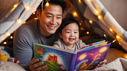 Father reading bedtime story to smiling child in cozy fort decorated with lights