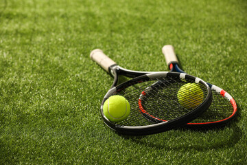 Tennis rackets and balls on green artificial grass, space for text