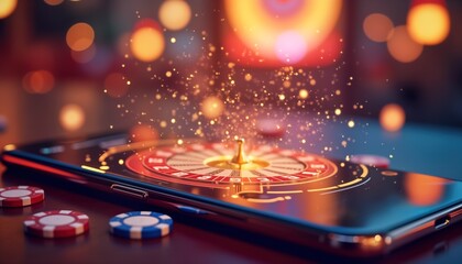 Roulette wheel on smartphone screen. Casino game app. Online gambling. Mobile phone with virtual roulette. Chips near phone. Digital casino. Play online. Smartphone casino. Gamble. Bet. Win. Luck.
