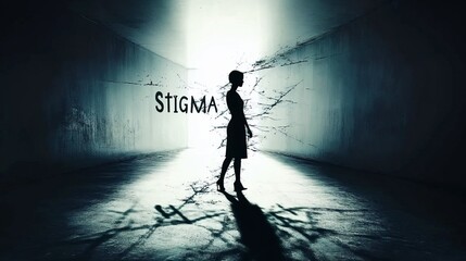 Figure breaking through stigma in dark corridor, symbolizing hope and awareness
