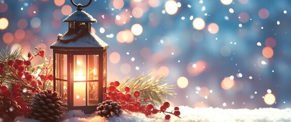 A glowing Christmas lantern surrounded by snow-dusted pine cones, red berries, and green fir branches, bokeh effect, perfect for holiday greeting cards, festive invitations, winter-themed promotions