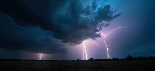 Dark stormy night sky with lightning. Heavy clouds above field. Nature thunderstorm. Dramatic weather. Bad climate change. Ecology disaster. Power energy.