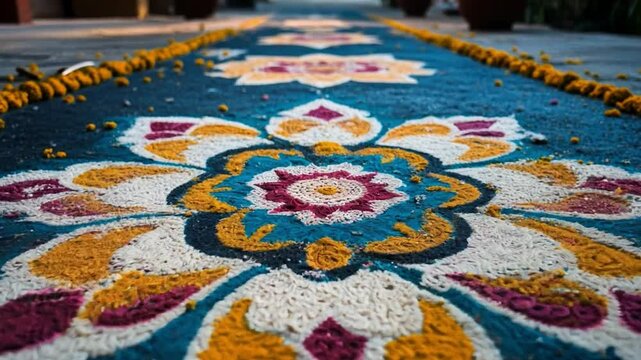 Colorful floral rangoli design made with vibrant colors and flower petals at a festive celebration in India