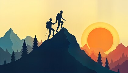 Fototapeta premium Two hikers climb mountain peak. Teamwork helps reach summit. Sunset landscape. Adventure success. Business partnership. Leadership support. Goal achievement.