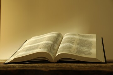 Open Holy Bible in English language on wooden table