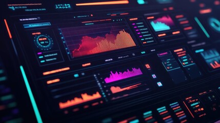 Obraz premium Cybersecurity mitigates risks and secures data. Futuristic Data Visualization Dashboard with Vibrant Colors