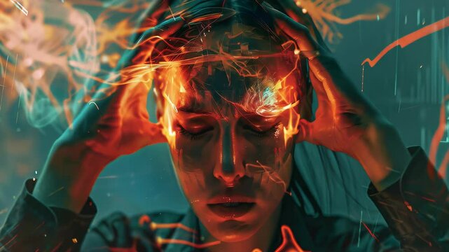 Migraine: The Throbbing Headache and Sensitivity to Light - Imagine a person with highlighted brain showing vascular changes, experiencing throbbing headache and sensitivity to light 