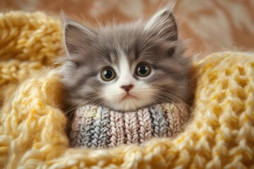 Naklejka premium cute kitten resting on a cozy blanket with fluffy fur and adorable eyes in warm winter vibes