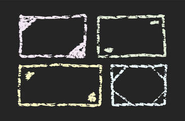 Rectangle frame, line square shape. Chalk color box, pastel brush vector border. Sketch hand drawn outline style. Text box. Rough pencil grunge painting on black chalkboard