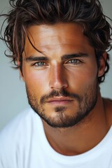 Obraz premium Close-Up Portrait of a Thoughtful Man With Beard and Curly Hair