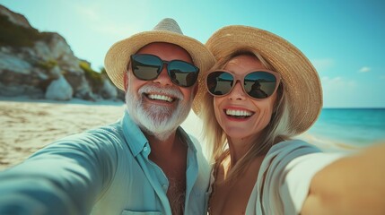 Obraz premium Smiling couple takes a selfie on a sunny beach, enjoying a perfect vacation day.