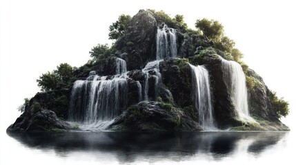 Obraz premium A realistic photograph of a mountain with cascading waterfalls, isolated on white.