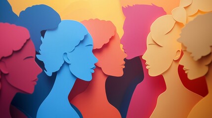 Vibrant paper cutout silhouettes of diverse faces facing each other in a colorful abstract design.