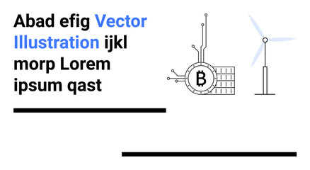 Bitcoin symbol integrated with technology elements, alongside a wind turbine. Ideal for finance, technology, renewable energy, cryptocurrency, blockchain, sustainable development, and tech