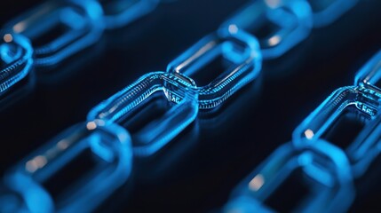 Cybersecurity mitigates risks and secures data. Abstract representation of interconnected blue links on a dark surface