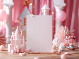 Dreamy Princess Party Invitation Mockup with Blank Card, Pink Castle, and Cupcakes – Ideal for Fairy Tale-Themed Birthdays and Celebrations