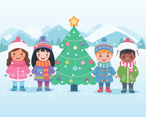 Fototapeta premium Merry Christmas concept. Cute and friendly multinational children holding hands and Christmas tree under snow. Poster, Banner, Flyer, Greeting Card. Vector illustration in flat cartoon style