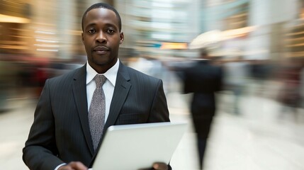 Confident businessman with a tablet in a bustling modern office environment.