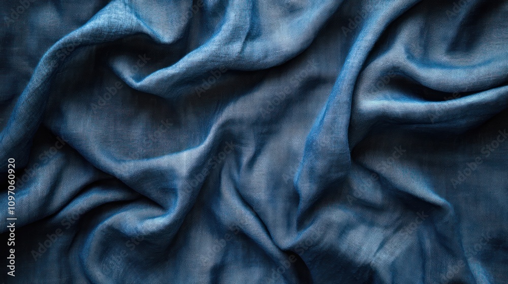 Poster a close-up view of crumpled blue fabric, showcasing texture and color depth.