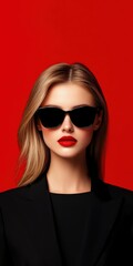 Blonde fashion model showcases stylish sunglasses against red background