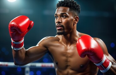 African American male boxer in boxing. Man wears red gloves. Athlete fit muscular. Displays agility readiness. Boxing match combat sport. Pro fighter trains. Strength power energy. Active healthy
