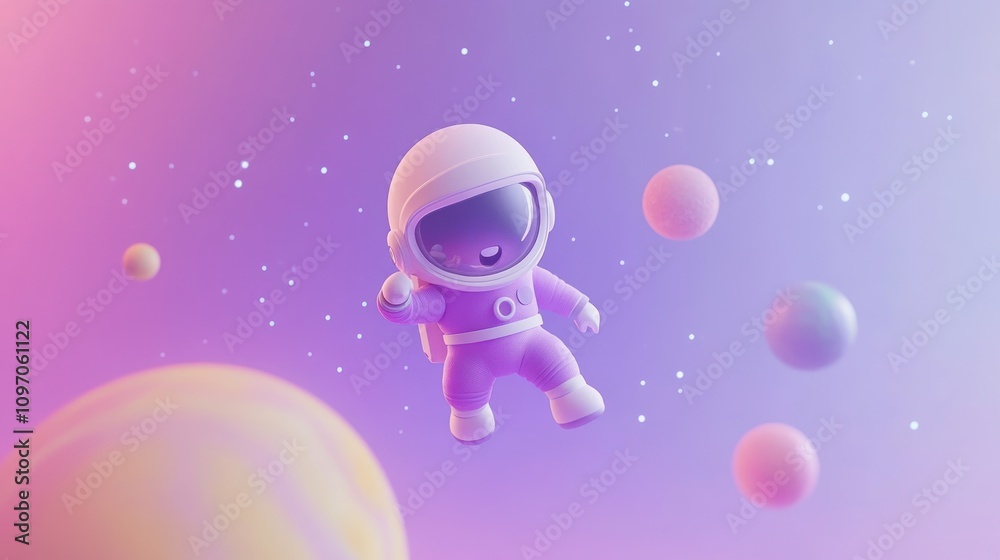 Poster a cute astronaut floats in space among colorful planets against a gradient background.