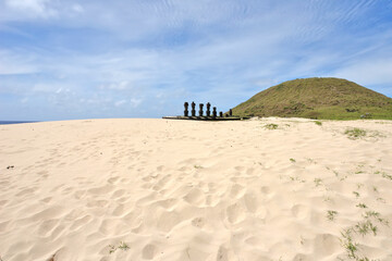 Anakena  coral sand beach in Rapa Nui National Park (Easter Island) wirh  Ahu-Ature single moai and...