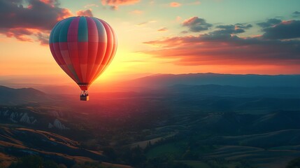 Fototapeta premium A vibrant hot air balloon ascends into the sky as the sun sets, casting brilliant colors over the serene landscape of hills and valleys