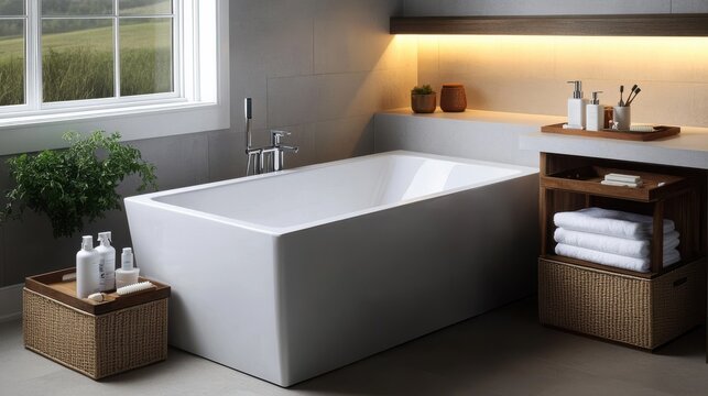 Luxury bathrooms with effortless maintenance. Modern Minimalist Bathtub with Elegant Design and Featuring Natural Light