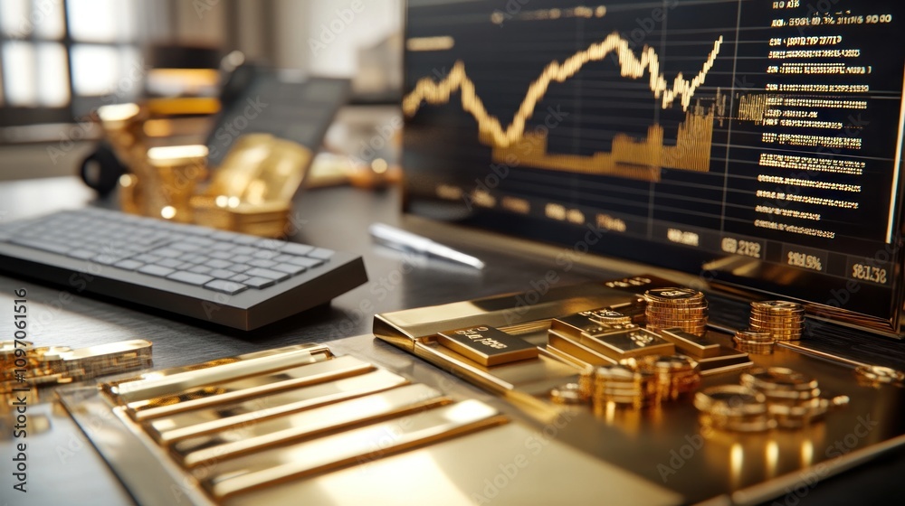 Poster a desk scene featuring gold bars, coins, and a financial graph on a computer screen.