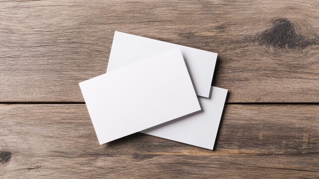 Preview designs with mockup templates. Blank Business Cards on Wooden Table
