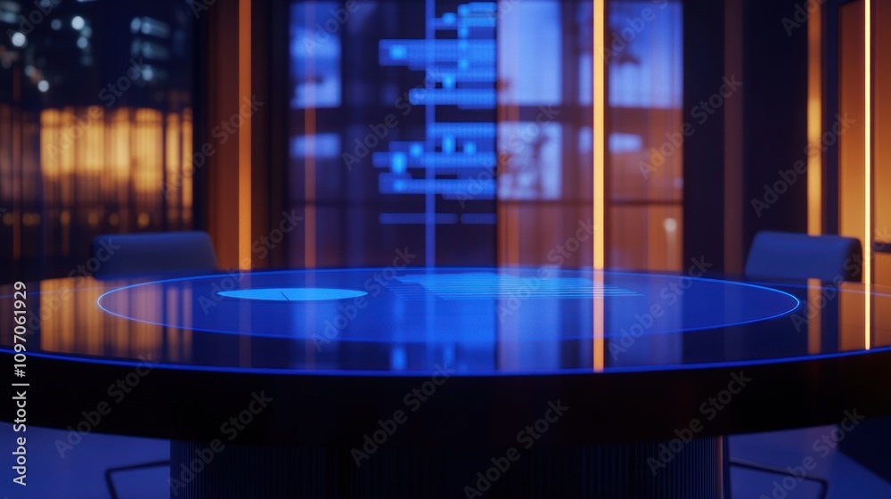 Poster a modern conference table with a glowing surface, set in a sleek, illuminated environment.