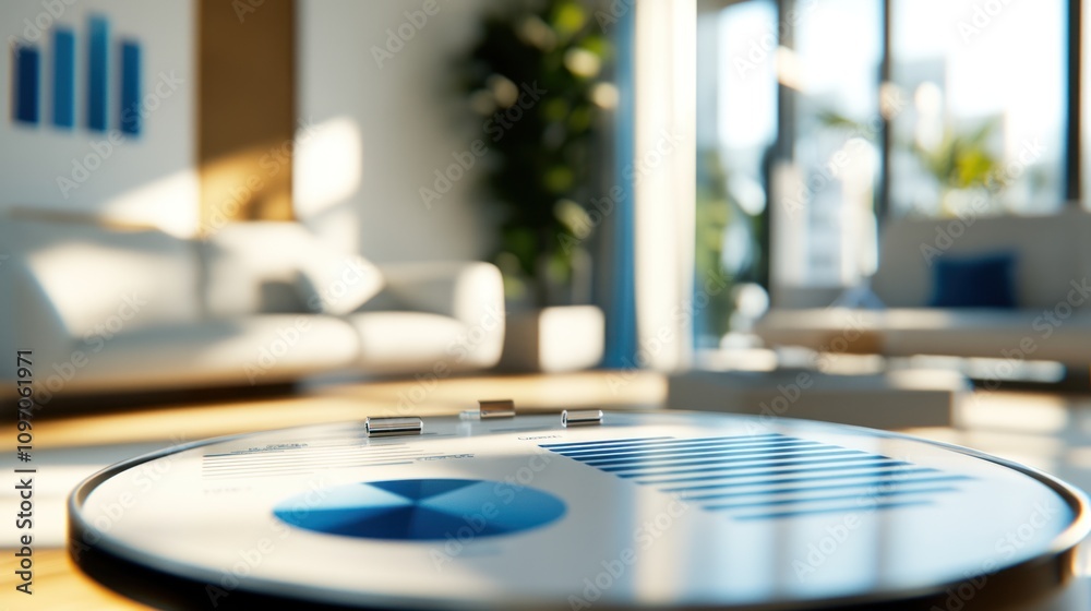 Poster A modern workspace featuring a chart on a table, emphasizing business analytics.
