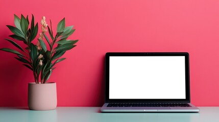 Fototapeta premium Preview designs with mockup templates. Modern workspace with a laptop and a potted plant against a vibrant pink wall
