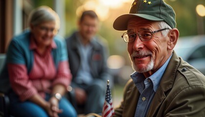 Smiling senior man wears cap outdoors. Older man sits near elderly woman and younger man. Family spends time together. Veteran enjoys sunset. Happy people relax.