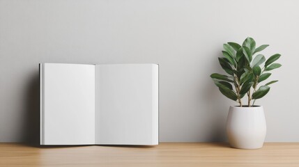 Preview designs with mockup templates. Minimalistic Interior Scene Featuring an Open Blank Book Beside a Potted Plant Against a Soft Gray Wall