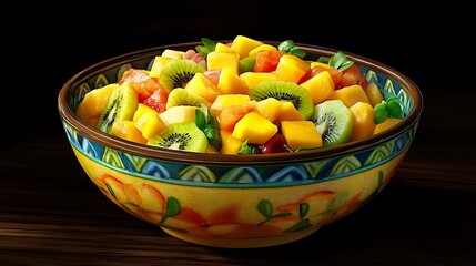Naklejka premium A colorful bowl of fresh fruit salad featuring mango, kiwi, and various other fruits.