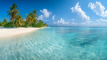 Fototapeta premium Idyllic tropical beach with palm trees, crystal-clear turquoise water, and white sand.