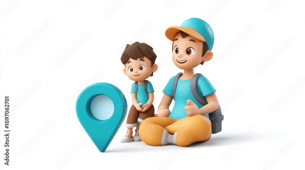 Poster two cartoon characters sitting next to a location pin, symbolizing travel or exploration.