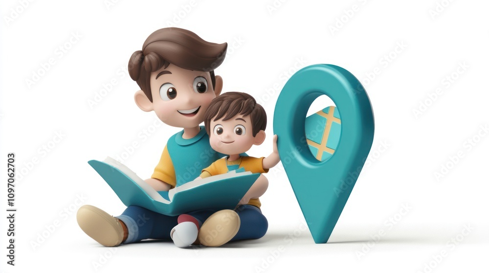 Poster Two animated characters reading a book with a location pin symbol nearby.