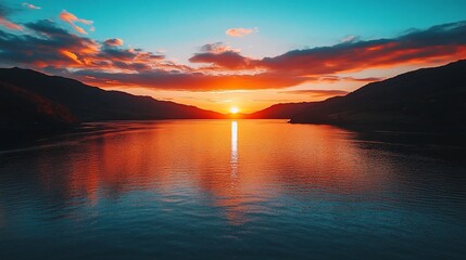 Vibrant sunset over calm water reflecting fiery sky between mountains.