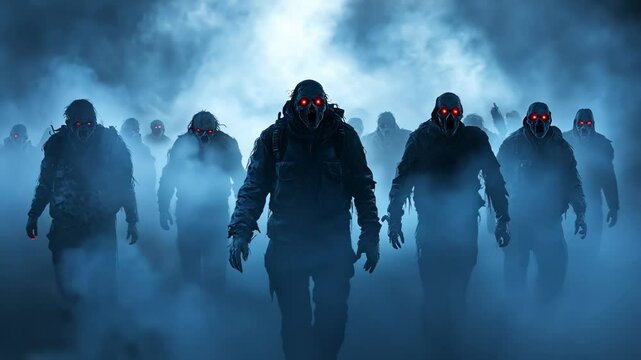Nightmarish horde of undead shuffles through eerie fog